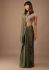 Moss Green Satin Saree With Fringes On Pallu Paired With Deep Neck Hand Embroidered Crop Top