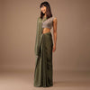 Moss Green Satin Saree With Fringes On Pallu Paired With Deep Neck Hand Embroidered Crop Top