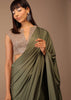 Moss Green Satin Saree With Fringes On Pallu Paired With Deep Neck Hand Embroidered Crop Top