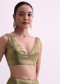 Green Satin Tissue Saree With Sequin Scallop Work And Unstitched Blouse Fabric