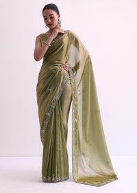 Green Satin Tissue Saree With Sequin Scallop Work And Unstitched Blouse Fabric