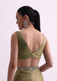 Green Satin Tissue Saree With Sequin Scallop Work And Unstitched Blouse Fabric