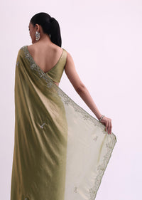 Green Satin Tissue Saree With Sequin Scallop Work And Unstitched Blouse Fabric