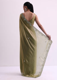 Green Satin Tissue Saree With Sequin Scallop Work And Unstitched Blouse Fabric