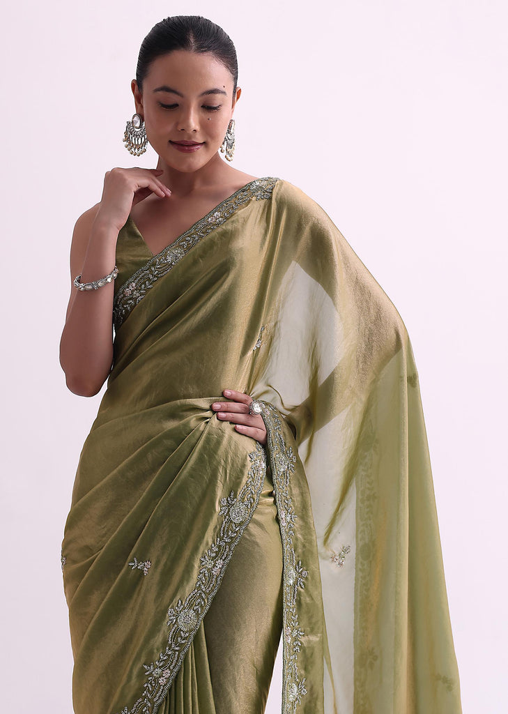 Green Satin Tissue Saree With Sequin Scallop Work And Unstitched Blouse Fabric