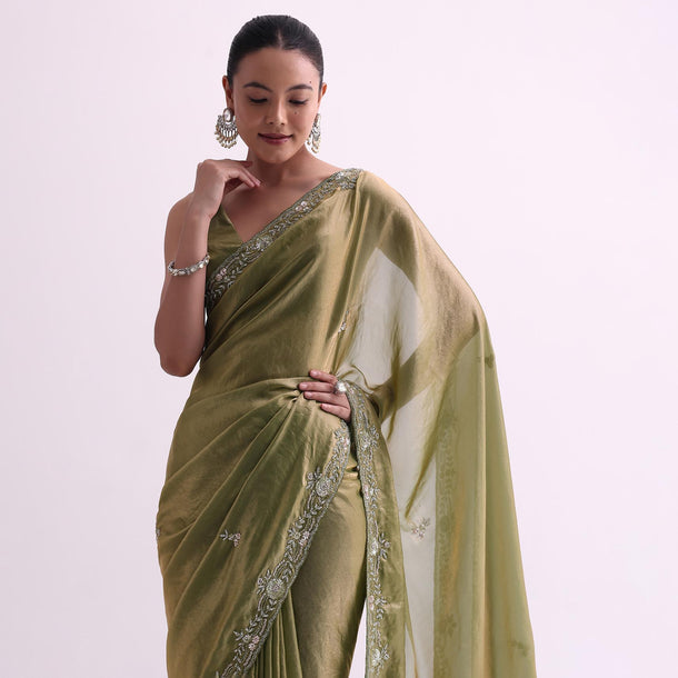 Green Satin Tissue Saree With Sequin Scallop Work And Unstitched Blouse Fabric