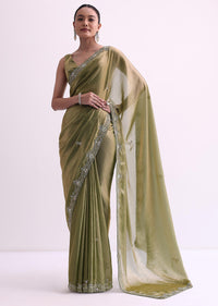 Green Satin Tissue Saree With Sequin Scallop Work And Unstitched Blouse Fabric