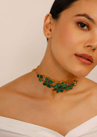 Green Semi Precious Stone Embellished Choker In Floral Motif