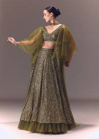Green Sequin Frill Blouse With Lehenga And Choker Dupatta