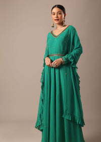 Green Sequin Work Anarkali Set With Embroidered Belt And Dupatta