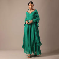 Green Sequin Work Anarkali Set With Embroidered Belt And Dupatta