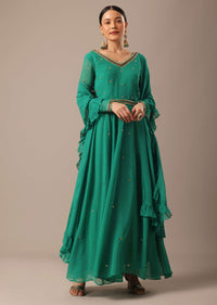 Green Sequin Work Anarkali Set With Embroidered Belt And Dupatta