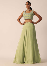 Green Sequin Work Blouse And Skirt Set