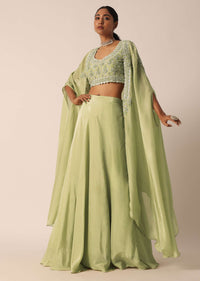 Green Sequin Work Blouse And Skirt Set