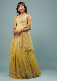 Daffodil Yellow Ombre Embroidered Anarkali Suit Set In Georgette