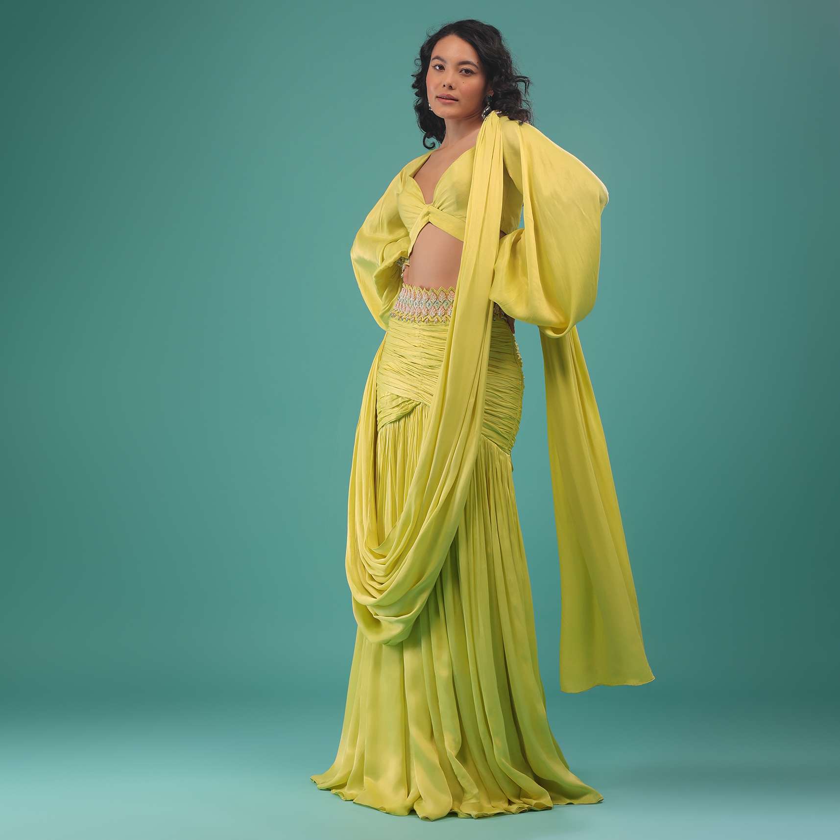 Green Sheen Yellow Ready-Pleated Saree In Satin