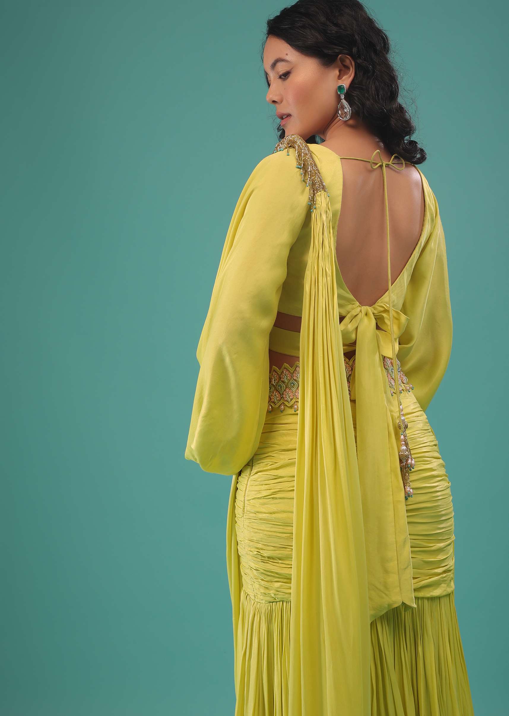 Green Sheen Yellow Ready-Pleated Saree In Satin