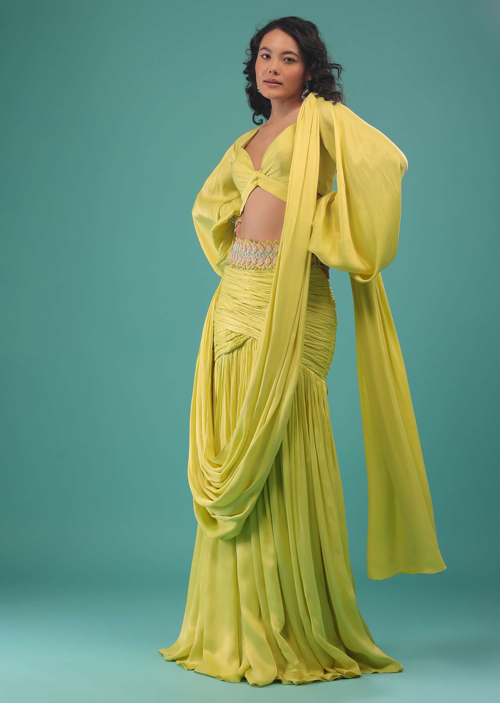 Green Sheen Yellow Ready-Pleated Saree In Satin