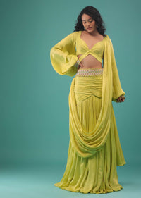 Green Sheen Yellow Ready-Pleated Saree In Satin