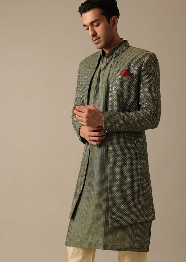 Green Sherwani And Kurta Set In Dupion Silk