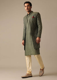 Green Sherwani And Kurta Set In Dupion Silk