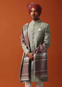 Green Sherwani Set Featuring Exquisite Neckline Embroidery With A Pashmina Dupatta