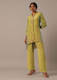 Green Shirt Collar Printed Short Kurta With Pants