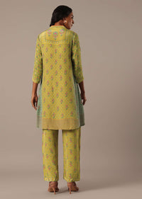 Green Shirt Collar Printed Short Kurta With Pants