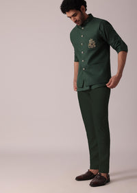 Green Short Kurta And Bandi Featuring Embroidery Detailing