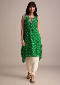 Green Silk Bandhani Print Kurta Dhoti Set