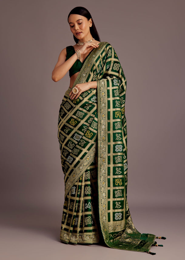 Green Silk Bandhani Woven Saree