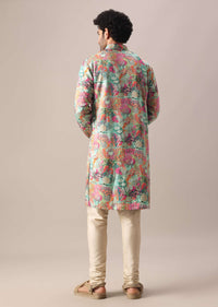 Green Silk Kurta And Churidar Set With Floral Prints