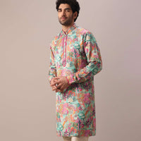 Green Silk Kurta And Churidar Set With Floral Prints