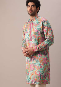 Green Silk Kurta And Churidar Set With Floral Prints