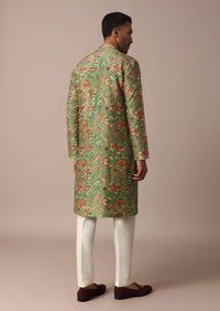 Green Silk Kurta Set With Intricate Floral Handwork