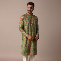 Green Silk Kurta Set With Intricate Floral Handwork