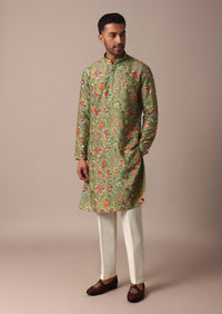 Green Silk Kurta Set With Intricate Floral Handwork