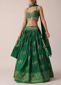 Green Silk Lehenga Set With Hand Embroidery