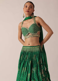 Green Silk Lehenga Set With Hand Embroidery