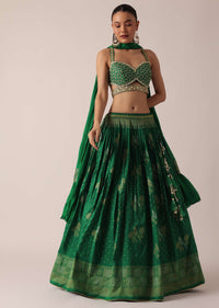 Green Silk Lehenga Set With Hand Embroidery