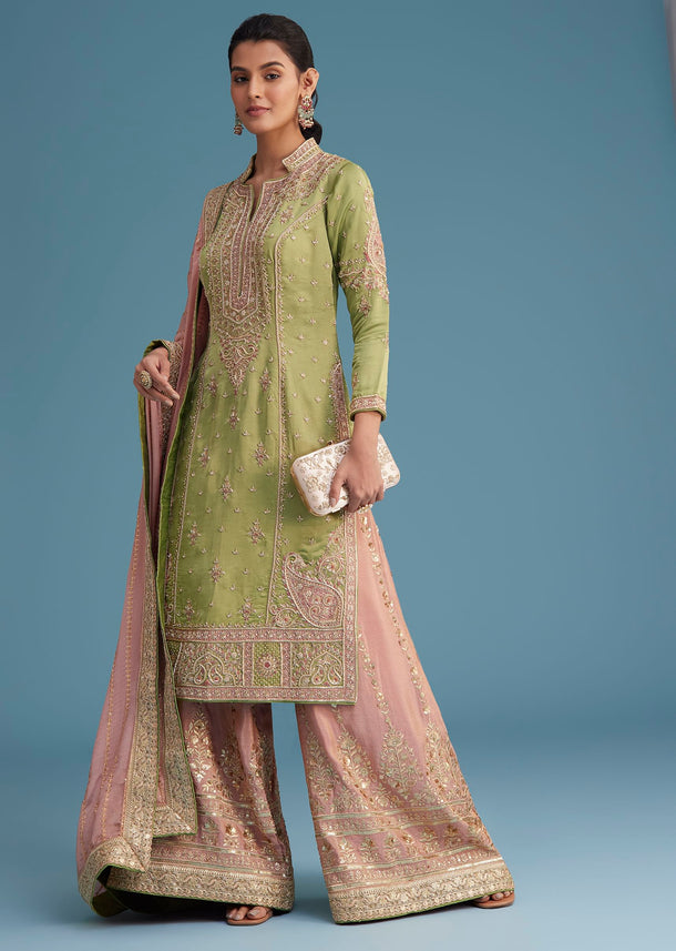 Green Silk Palazzo Set With Zardosi And Sequins Work