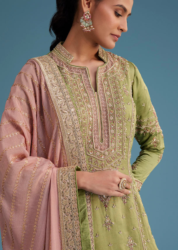 Green Silk Palazzo Set With Zardosi And Sequins Work