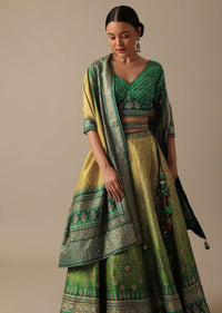 Green Silk Printed Lehenga Set