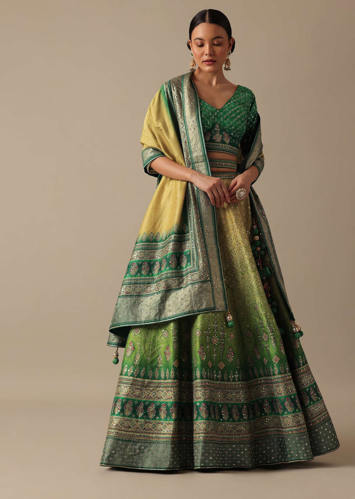 Green Silk Printed Lehenga Set