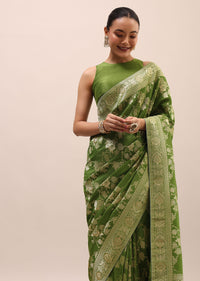 Green Silk Saree In Butta Work With Unstitched Blouse