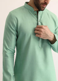 Green Silk Self Work Kurta Set For Men