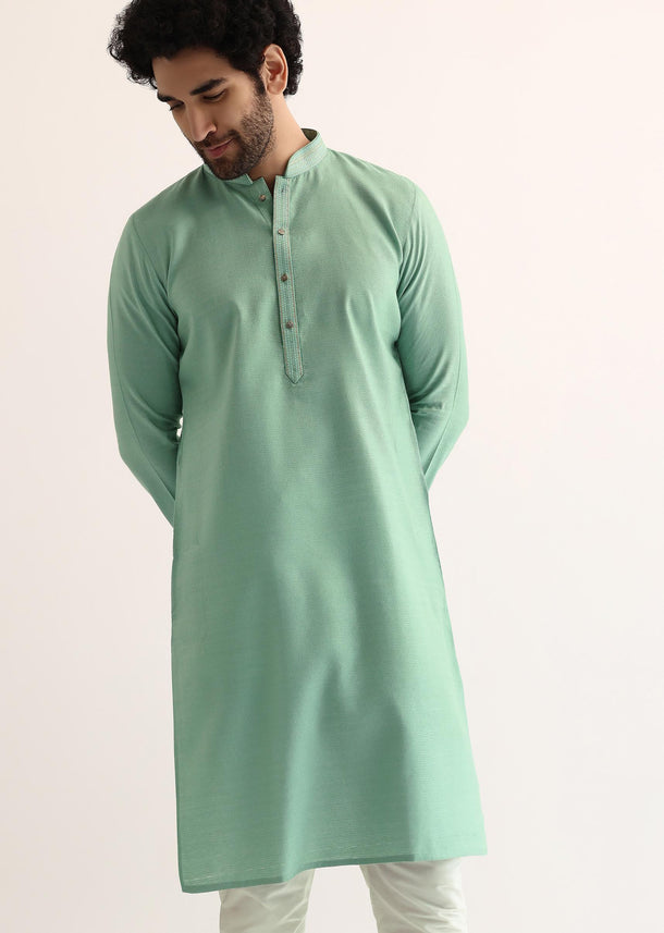 Green Silk Self Work Kurta Set For Men