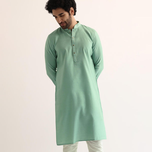 Green Silk Self Work Kurta Set For Men