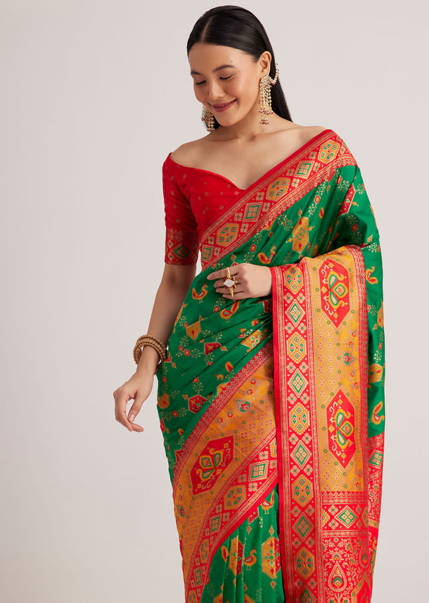 Green Silk Woven Ikat Motif Saree With Constrat Pallu