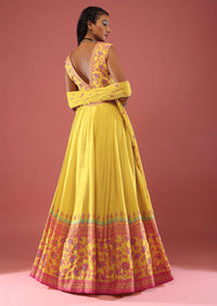 Canary Yellow Sleeveless Blouse With Colourful Stone Embellishments Paired With A Flowy Skirt